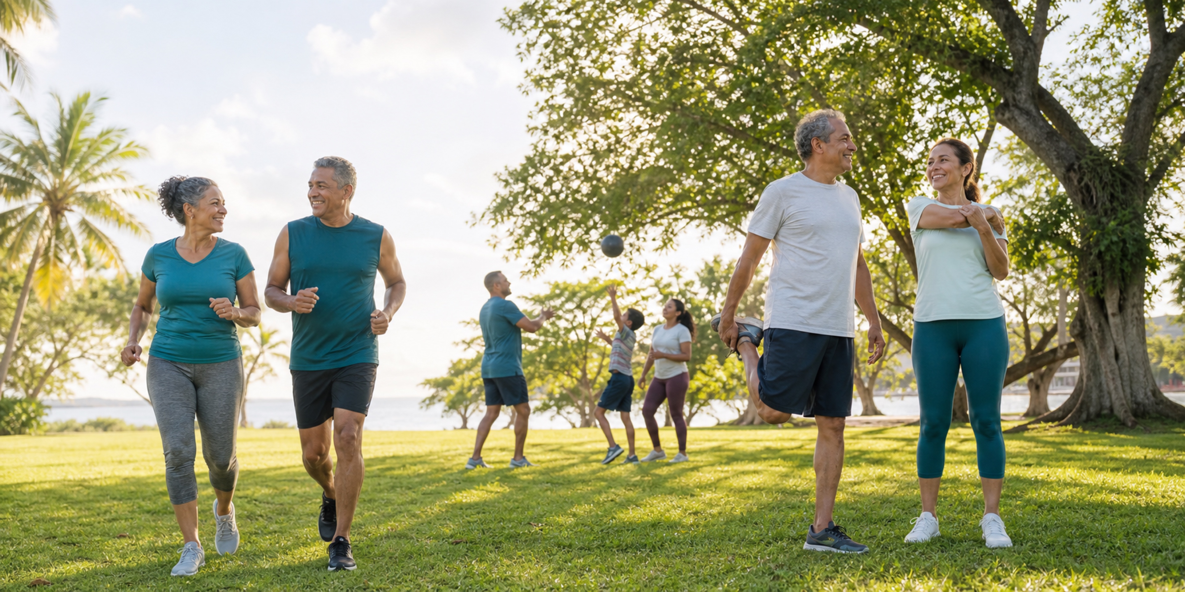 Personas disfrutando de movimiento, naturaleza y bienestar en un parque tropical