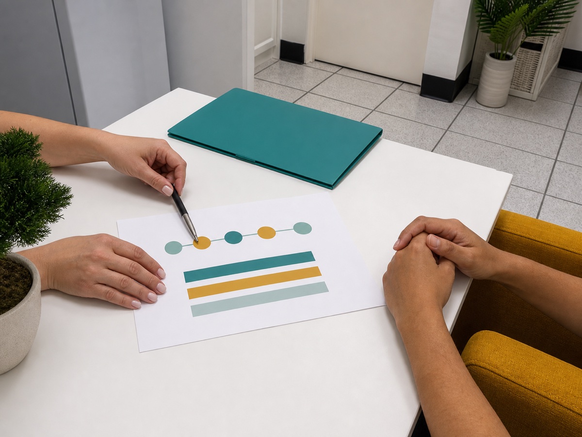 Consulta de seguimiento con revisión de notas clínicas en un escritorio blanco