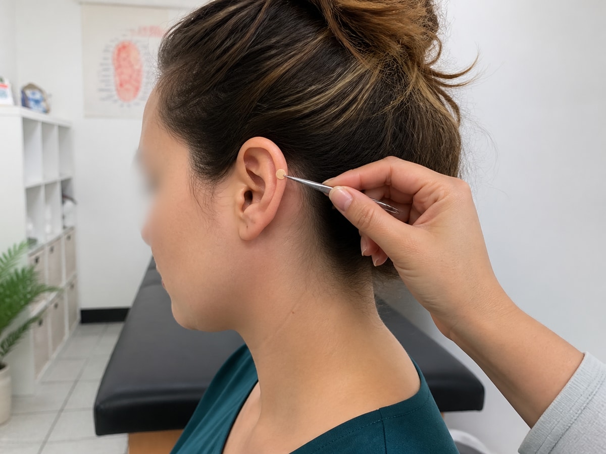 Colocación de una semilla adhesiva durante una sesión de auriculoterapia