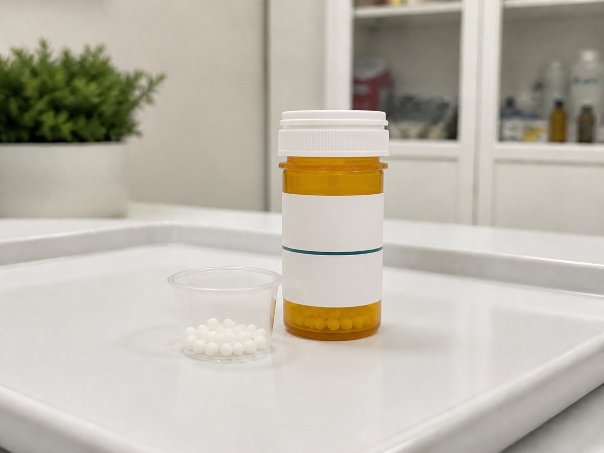 Envase farmacéutico ámbar moderno con tapa de seguridad y glóbulos homeopáticos blancos en una copa dosificadora